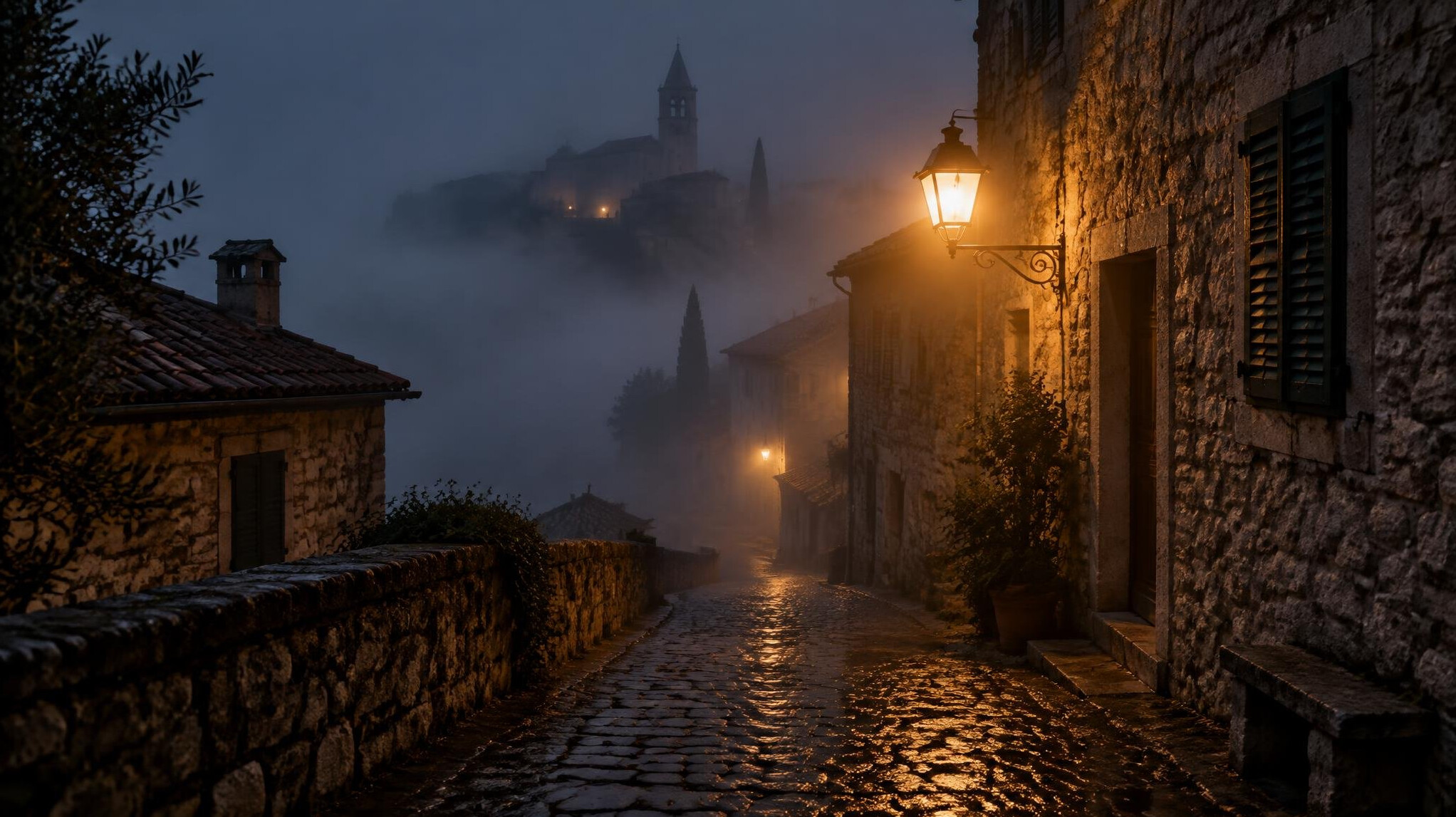 Foggy cobblestone street in an old Croatian town at night lit by a single lamp