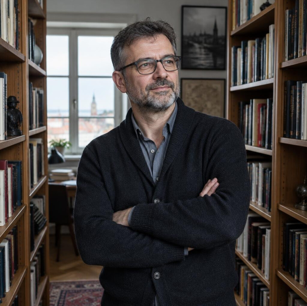 Croatian mystery author standing among bookshelves in his home library
