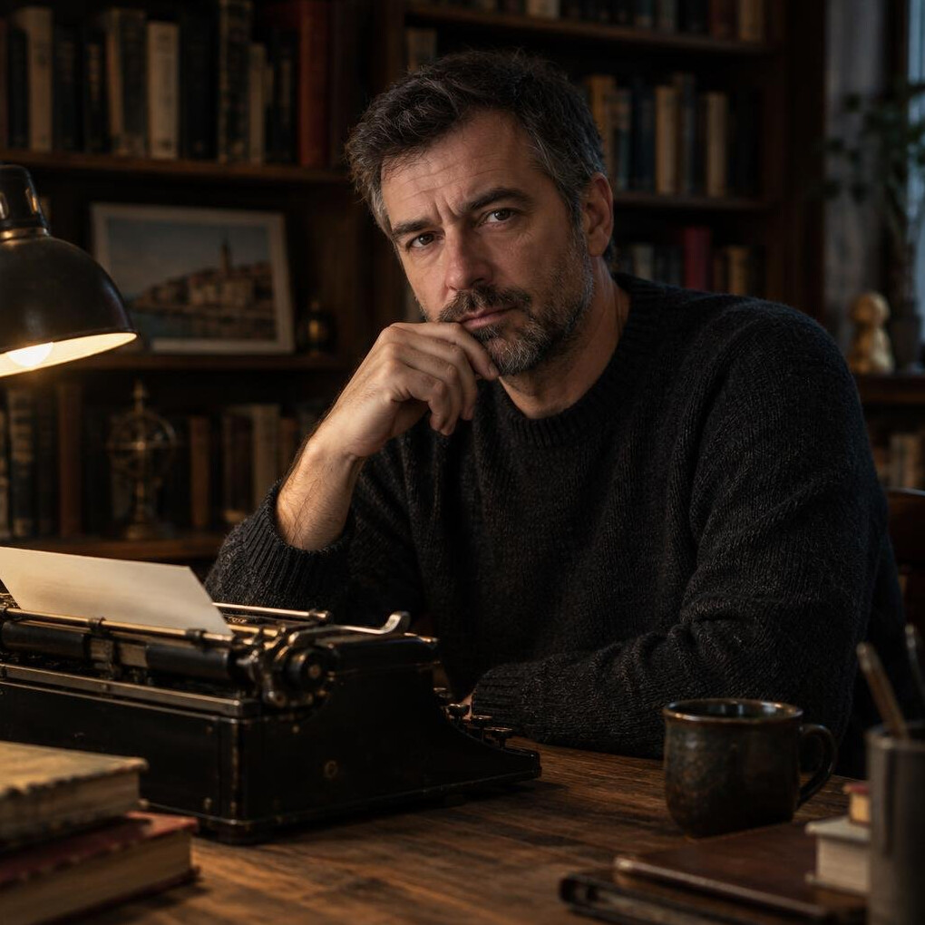 Portrait of a Croatian mystery novelist sitting at a wooden desk with an old typewriter